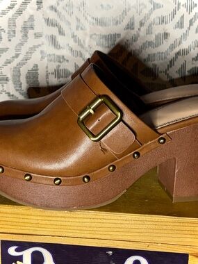 Time and Tru Brown Clog Mules with Buckle Detail